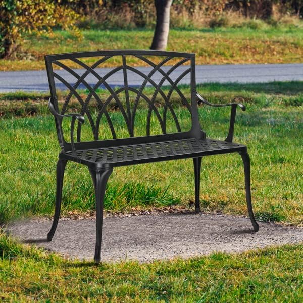 Patio Outdoor Park Loveseat Bench for Garden Porch Deck Made Cast Iron Anti-Rust Aluminum Metal, 2-3 Seater (38 Inch Orchard Back)