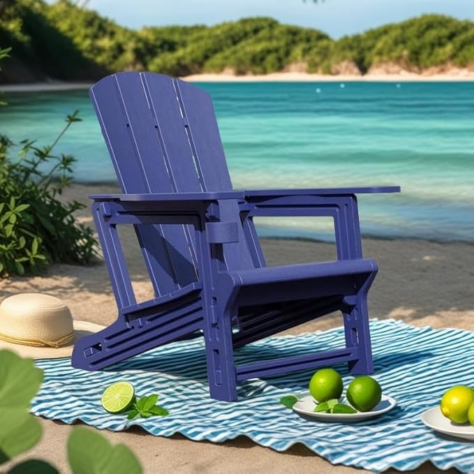 FONTOI Adirondack Chair, Plastic Adirondack Chair with Cup Holder, Outdoor Weather Resistant Lawn Furniture, 400 LBS Capacity Recliner, Garden Backyard Patio Without Screws Install, Navy Blue