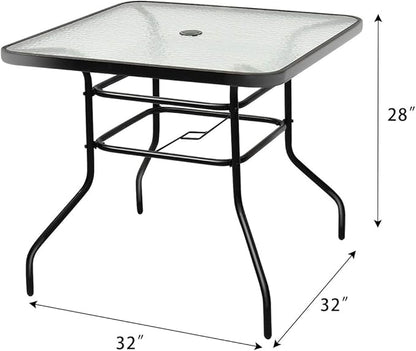Tangkula 32" Square Outdoor Dining Table with Tempered Glass Top, Outside Bistro Table with 2" Umbrella Hole & Metal Frame, Patio Dining Table for Backyard, Lawn, Deck & Poolside