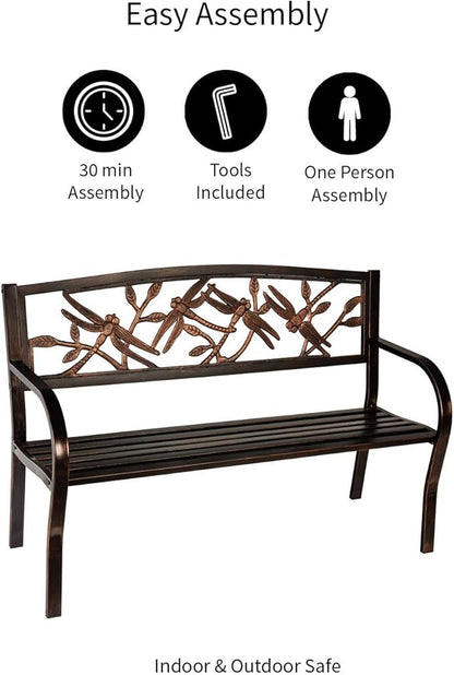 Evergreen Garden Weatherproof Dragonfly Outdoor Bench | Holds Up to 300 lbs. | Furniture for Lawn Garden Patio Porch Park Deck | Steel | Bronze