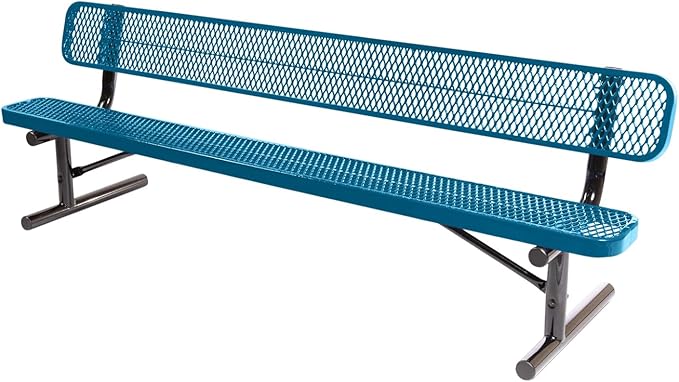 COATEDOUTDOORFURNITURE Heavy-Duty Portable Outdoor Bench Thermoplastic Coated, Expanded Metal, Commercial-Grade Seating, Made in America (Portable with Back, 8 Ft, Light Blue)