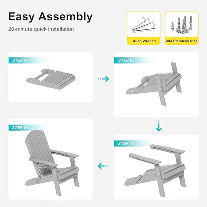HDPE Foldable Adirondack Outdoor Chair Set of 4 with Cup Holder, Weather Resistant Heavy-Duty Patio Chair for Patio, Backyard, Deck, Fire Pit, Lawn and Porch, Silver Grey