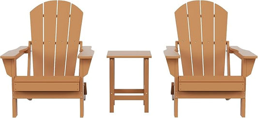 Costaelm 3 piece Patio Set, Outdoor Modern Adirondack Table and Chairs, All Weather Balcony Furniture Set Lounge Firepit Chairs for Outside Deck Garden Lawn Pool, Teak
