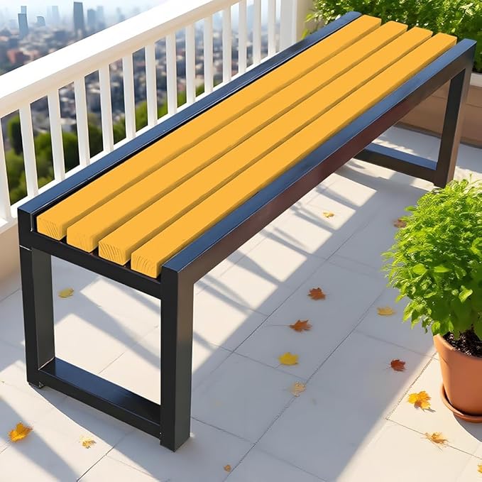 Garden Bench for Outdoors, Weatherproof Patio Bench Wooden Benches 2-Person Backyard Seat Backless Seat with Metal Frame for Park Backyard Entryway 3.3ft 3.9ft 4.9ft 5.9ft(Yellow Black,4.9ft)