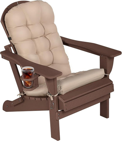 Adirondack Chair with Cushion & Cup Holder, HDPE Folding Adirondack Chair with Wood-Like Grain Outdoor Fire Pit Chairs for Patio/Porch/Swimming Pool/Camping (Brown)