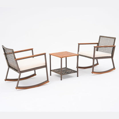 Verano Garden 3 Pieces Rocking Bistro Set, Outdoor Conversation Bistro Chairs and Table Set with Wood Armrest and Soft Cushions, Small Porch Set Balcony Set for Garden, Patio, Yard