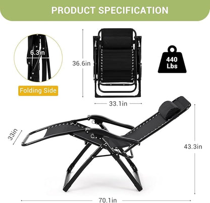 Zero Lounge Chair Supports 440 Lbs, Indoor/Outdoor Adjustable Folding Recliner with 33 Inch Seat, Removable Cup Holder & Headrest Grey