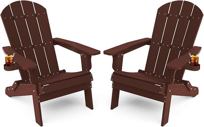 YEFU Adirondack Chair Set of 2, Folding Oversized Plastic Adirondack Chair with Cup Holder, Lawn Chair with Weather Resistant for Outdoor Deck Garden, Weight Capacity Up to 400 Lbs–Mahogan