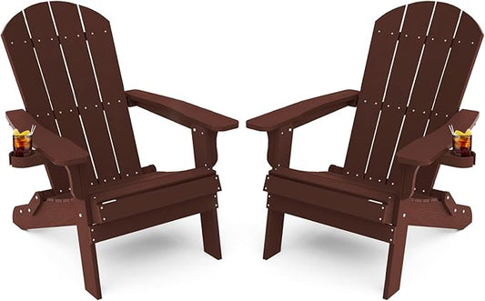 YEFU Adirondack Chair Set of 2, Folding Oversized Plastic Adirondack Chair with Cup Holder, Lawn Chair with Weather Resistant for Outdoor Deck Garden, Weight Capacity Up to 400 Lbs–Mahogan