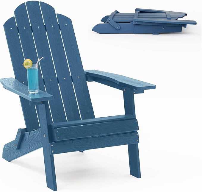 MXIMU Folding Adirondack Chair Weather Resistant Plastic Fire Pit Chairs Adorondic Plastic Outdoor Chairs for Firepit Area Seating Lifetime - Navy