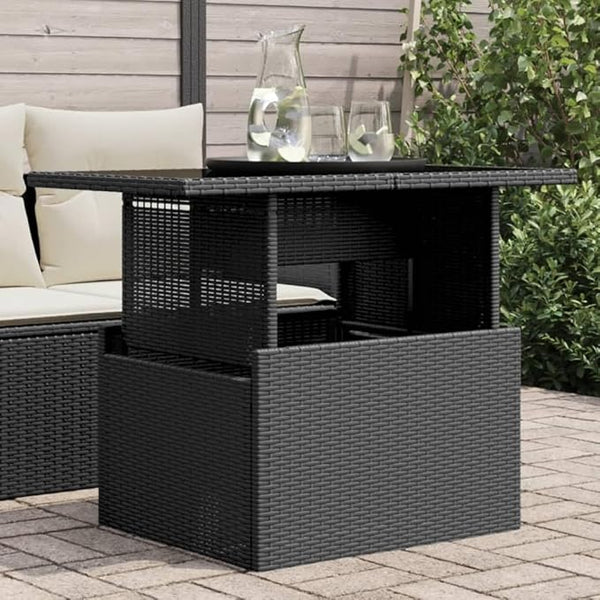 Adjustable Height Garden Table Black Poly Rattan Tempered Glass Top Powder-Coated Steel Frame Rectangular Outdoor Patio - Photo 1