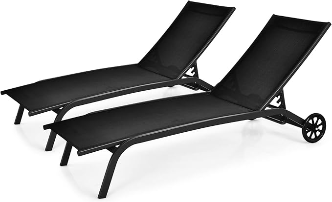 Tangkula Outdoor Chaise Lounge Chair, Patio Lounge Recliner with 6-Position Adjustable Backrest, Breathable Fabric and Smooth Wheels, Outdoor Lounge Chair (2, Black)