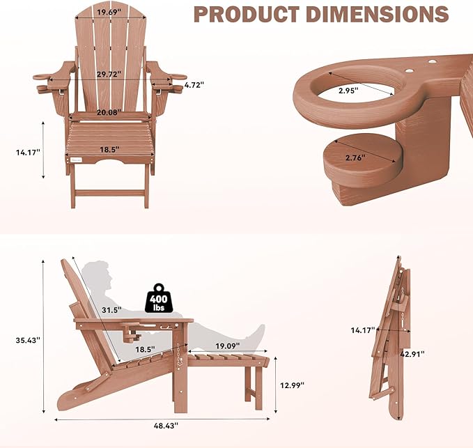 Mdeam Folding Adirondack Chair with 3-Level Adjustable Backrest, Weather-Resistant, 2 Cup Holders, Retractable Ottoman, Perfect for Patio, Garden, Backyard, Lawn, and Outdoor Use (Teak)