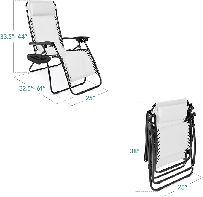 Best Choice Products Set of 2 Adjustable Steel Mesh Zero Gravity Lounge Chair Recliners w/Pillows and Cup Holder Trays - Photo 2
