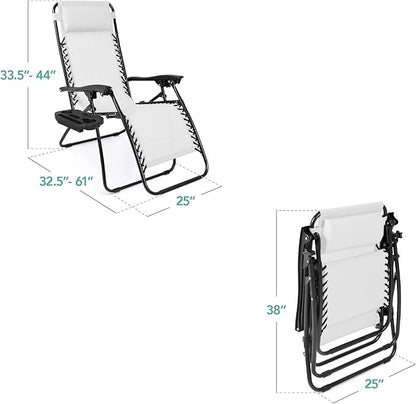 Best Choice Products Set of 2 Adjustable Steel Mesh Zero Gravity Lounge Chair Recliners w/Pillows and Cup Holder Trays - Snow/Black