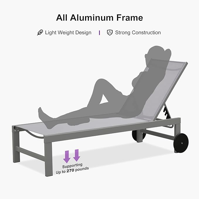 PURPLE LEAF Outdoor Lounge Chair Set for 2 Patio Chaise Lounger with Aluminum Frame and Wheels All-Weather Pool Lounge Chairs for Outside Garden Yard Poolside Table Included, Light Grey