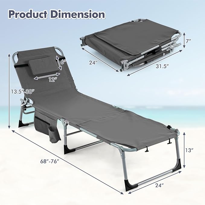 Goplus Tanning Chair, Folding Outdoor Beach Lounge Chair with Face & Arm Hole, Carrying Strap, Pillow - Photo 3