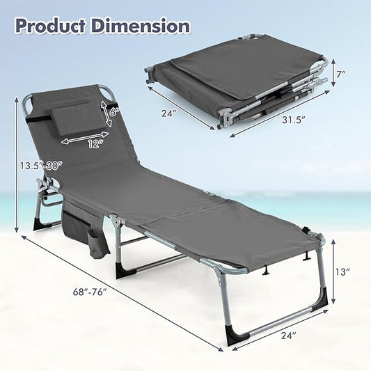 Tangkula Tanning Chair, Outdoor Folding Beach Lounge Chair with Face Hole, Adjustable Footrest, Removable Pillow, Storage Pocket, 5-Position Sunbathing Chair for Outside Beach (2, Grey)
