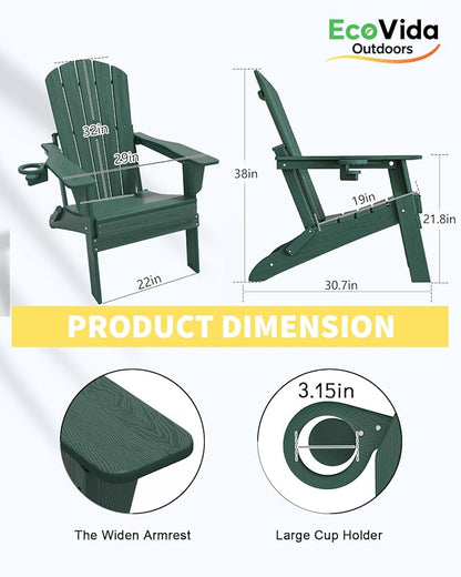 Oversized Folding Adirondack Chair - HDPE All-Weather Outdoor Chair with Cup Holder, 380LB Weight Capacity, UV Protected, Green