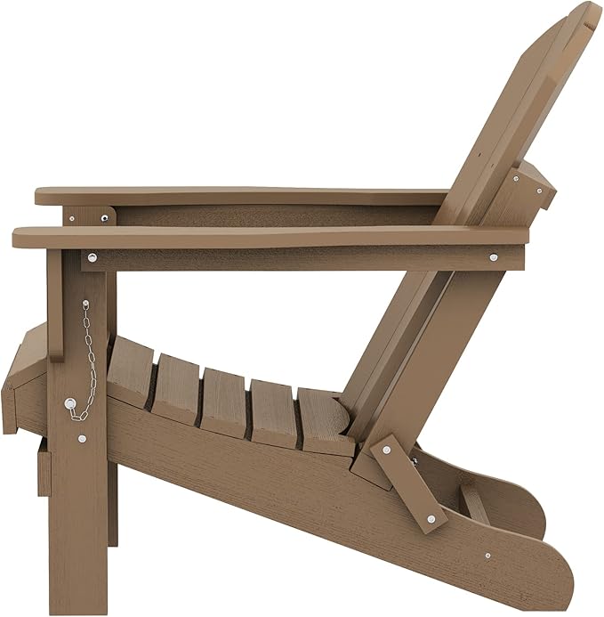 SERWALL Folding Adirondack Chair Set of 6, Wooden Textured Lawn Chair with Cup Holder for Patio Garden Weather Resistant Outdoors Fire Pit Chairs- Brown
