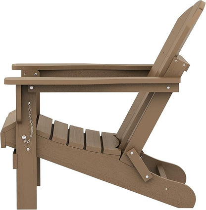 SERWALL Folding Adirondack Chair Set of 6, Wooden Textured Lawn Chair with Cup Holder for Patio Garden Weather Resistant Outdoors Fire Pit Chairs- Brown