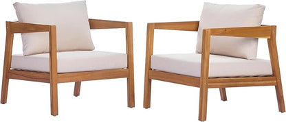 Merax 2 Set 25" Acacia Solid Wood Outdoor Lounge Chair, Teak Finish Frame with Light Grey Cushion, Patio & Garden Chair, Teak+Beige