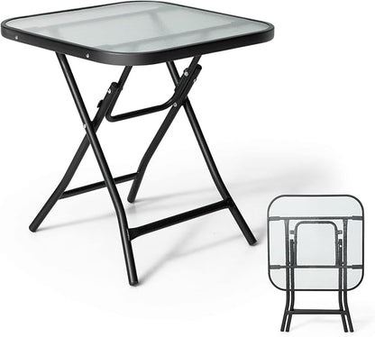 Giantex Folding Side Table, Square Small Patio Table, Tempered Glass Tabletop, Steel Frame, Weather-Resistant Outdoor Indoor Use for Bistro Porch Garden Balcony 18"x18"x18.5"