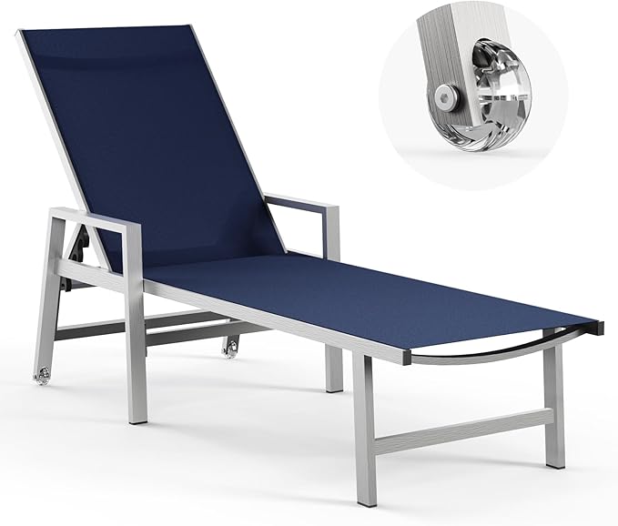 Patio Chaise Lounge Chair Outdoor with Wheels&Armrests, Aluminum Pool Lounge Chairs 5-Position Adjustable Recliner - Photo 1