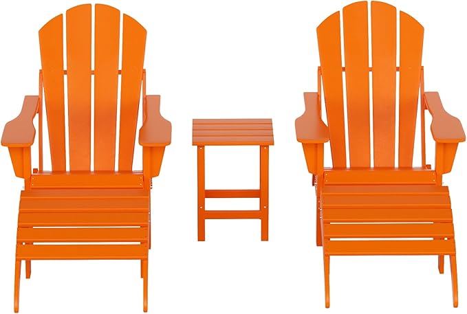 WestinTrends Malibu Outdoor Lounge Chairs Set, 5-Pieces Adirondack Chair Set of 2 with Ottoman and Side Table, All Weather Poly Lumber Patio Lawn Folding Chair for Outside, Orange