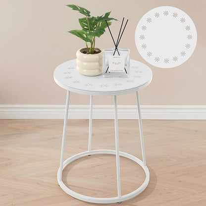 Outdoor Side Table with Flower Cut Outs 14" Weather Resistant Metal Patio Side Tables Small Plant Stand Round Outdoor End Table for Patio Outside Porch Balconies Garden(White,Fashion)