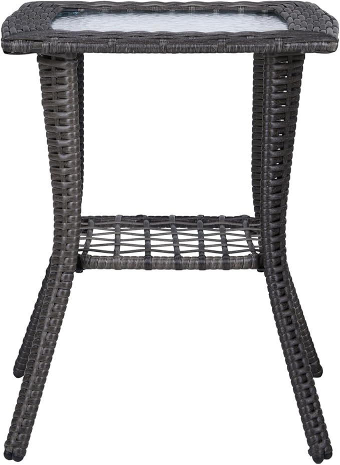 Henf Wicker Rattan Side Table Outdoor Square End Table Coffee Table with Glass Top, Patio Wicker Garden Side Table Small End Table with Storage for Patio Courtyard Balcony