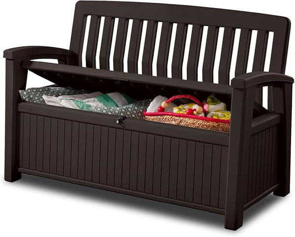 Keter 60 Gallon Storage Bench Deck Box for Patio Furniture, Front Porch Decor and Outdoor Seating – Perfect to Store Garden Tools