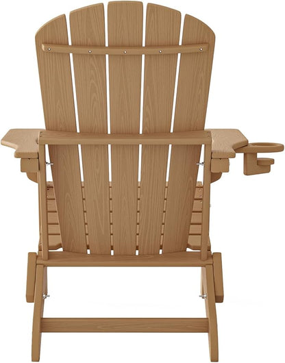 Plawdlik Folding Adirondack Chair Set of 6 with Cup Holder，Wooden Textured ，Heavy All-Weather HDPE Comfortable Set Poolside Backyard Lawn, Teak