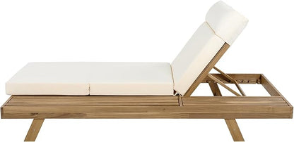 Christopher Knight Home Dami Chaise Lounge Chair Outdoor with 4'' Foldable Cushion, Acacia Wood Poolside Sun Lounger, Space Available On One Side, Adjustable Backrest Pool Lounger, Light Brown+Beige