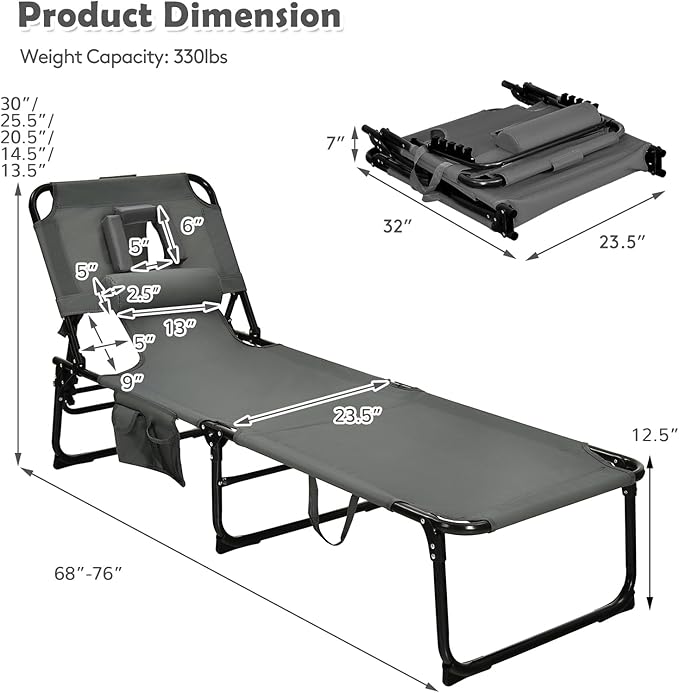 Tangkula Tanning Chair with Face Hole, Patio Folding Adjustable Reclining Beach Sunbathing Lounge Chair with Side Pocket - Photo 3