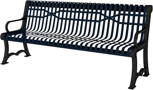 COATEDOUTDOORFURNITURE Coated Outdoor Furniture Heavy-Duty Outdoor Bench Thermoplastic Coated, Slatted Steel, Commercial-Grade Garden Bench, Made in America (Portable with Back, 4 Ft, Dark Blue)