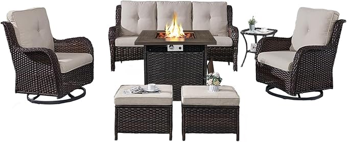 Belord Patio Furniture Set with Fire Pit Table, 7 Piece Wicker Outdoor Furniture Set - Photo 1