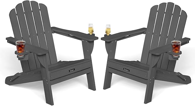 Adirondack Chairs Set of 2, Wood Texture Fire Pit Chairs, Plastic Adirondack Chairs with 2 Cup Holder, Outdoor Lawn Chair for Patio Garden, Dark Grey