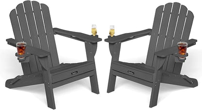 Adirondack Chairs Set of 2, Wood Texture Fire Pit Chairs, Plastic Adirondack Chairs with 2 Cup Holder, Outdoor Lawn Chair for Patio Garden, Dark Grey
