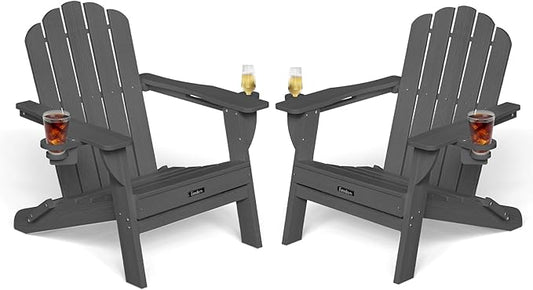 Adirondack Chairs Set of 2, Wood Texture Fire Pit Chairs, Plastic Adirondack Chairs with 2 Cup Holder, Outdoor Lawn Chair for Patio Garden, Dark Grey