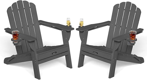 Adirondack Chairs Set of 2, Wood Texture Fire Pit Chairs, Plastic Adirondack Chairs with 2 Cup Holder - Photo 1