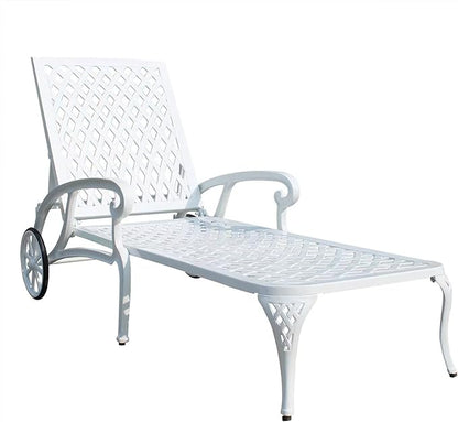 Chaise Outdoor Aluminum Lounge Chair with Wheels, 3-Position Adjustable Recliner Furniture Set for Poolside, Backyard and Patio (1pc, White)