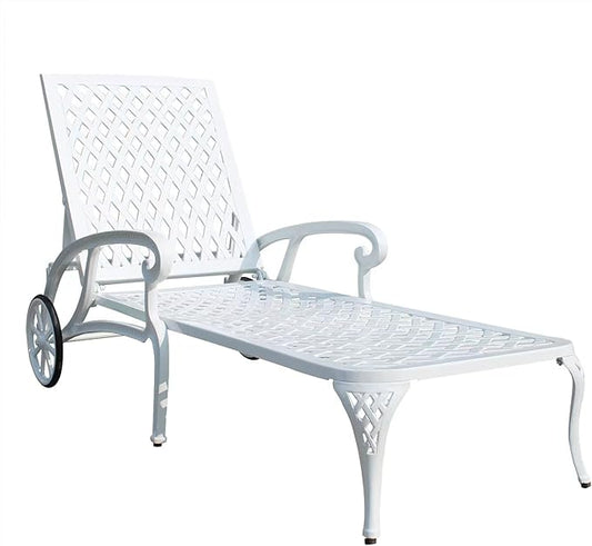 Chaise Outdoor Aluminum Lounge Chair with Wheels, 3-Position Adjustable Recliner Furniture Set for Poolside, Backyard and Patio (1pc, White)