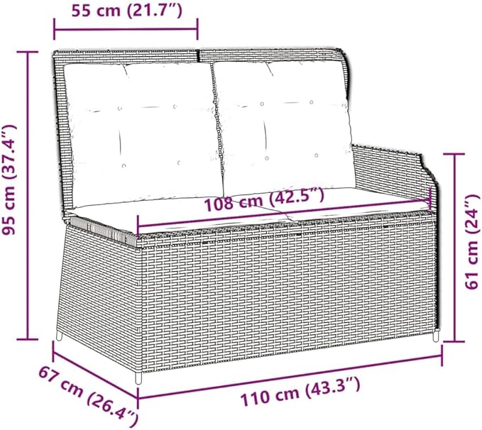 Outdoor Reclining Patio Bench with Adjustable Armrests, 2-Person PE Rattan Garden Seat, Grey Modern Weather-Resistant Terrace Furniture