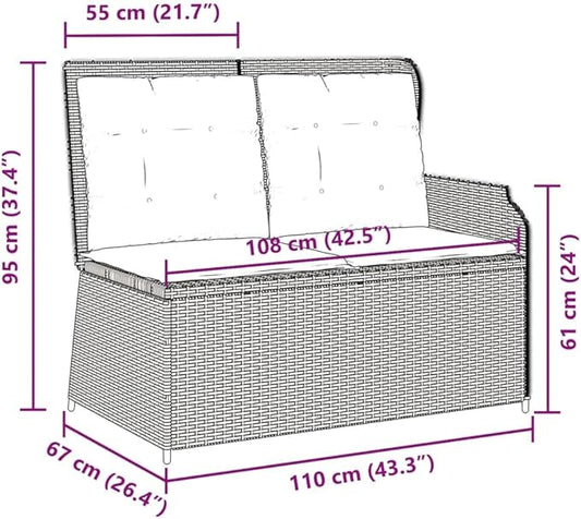 Outdoor Reclining Patio Bench, 2-Person PE Rattan Garden Seat with Adjustable Armrests and Removable Cushions, Grey All-Weather Furniture for Porch, Backyard, Balcony