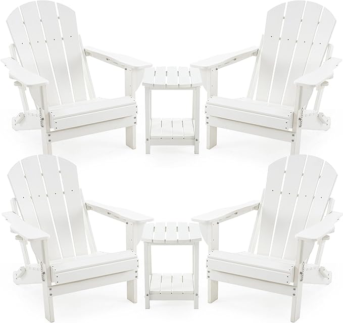 4 Chairs & 2 Tables Folding Adirondack Chair Set with Table – HDPE Weatherproof Outdoor Patio Chairs with Reclining - Photo 1