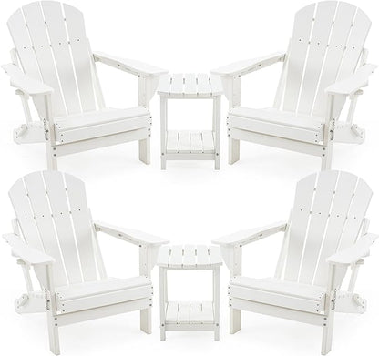 4 Chairs & 2 Tables Folding Adirondack Chair Set with Table – HDPE Weatherproof Outdoor Patio Chairs with Reclining Back and Cup Holders, 2-Tier Storage End Tables for Firepit Garden(White)