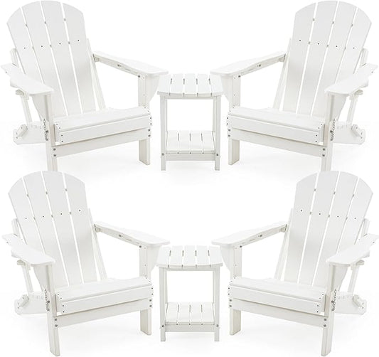 4 Chairs & 2 Tables Folding Adirondack Chair Set with Table – HDPE Weatherproof Outdoor Patio Chairs with Reclining Back and Cup Holders, 2-Tier Storage End Tables for Firepit Garden(White)