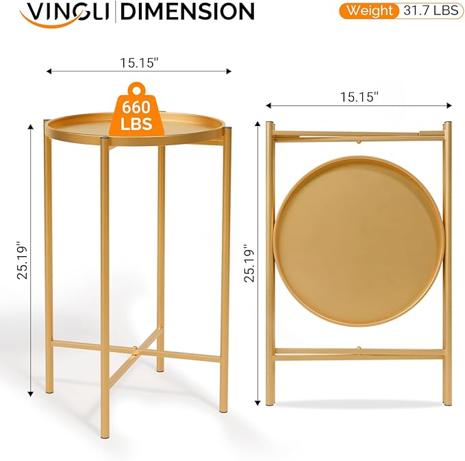VINGLI Round Metal Side Table with Removable Tray, Outdoor Patio Coffee Table, Waterproof End Table for Small Spaces - Photo 3
