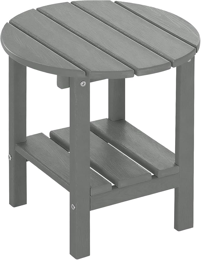 Outdoor Side Table Round - Patio Side Tables - HDPE Small Outdoor End Table for Backyard Pool Porch Balcony - Double Layer Storage - Dark Gray (Wood Grain Finish)